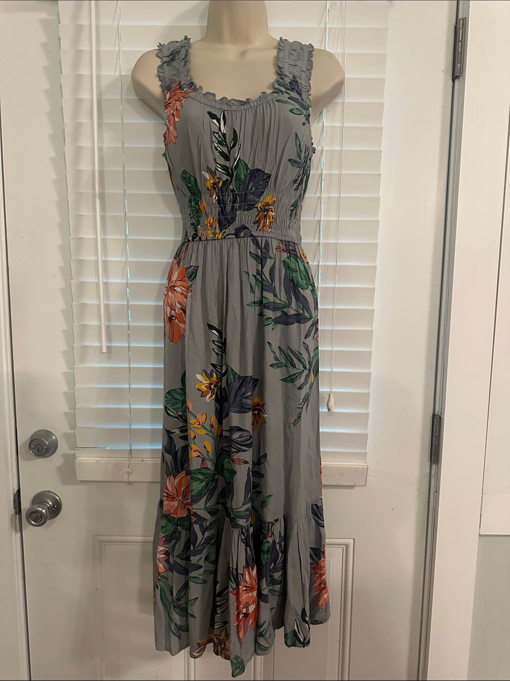 NEW Patrons of Peace Gray Floral Ruffled Strap Dress
